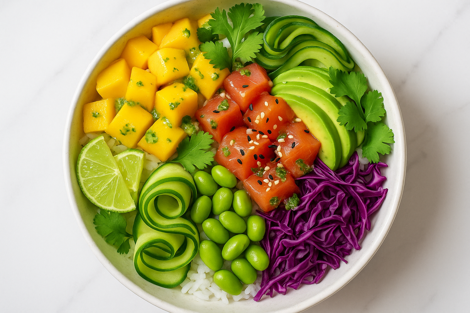 Mango poke bowl with zesty coriander dressing