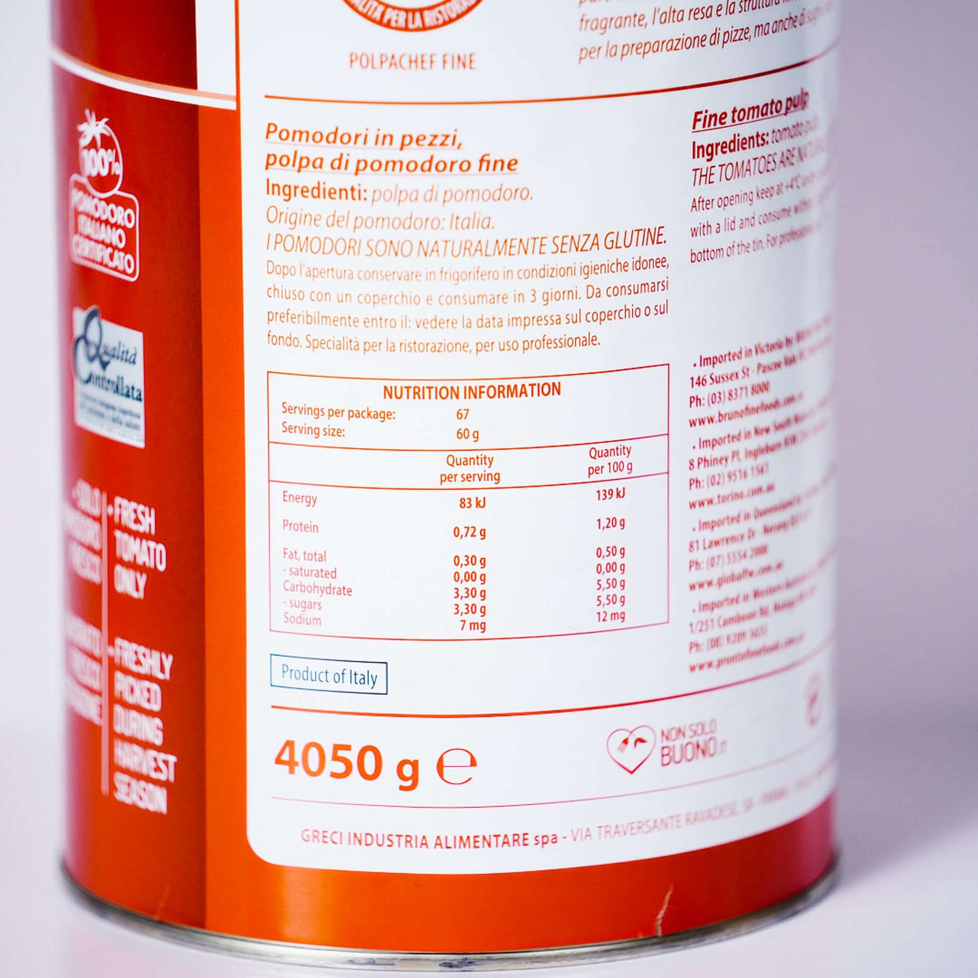 Tomato – Crushed/Pulp Fine – By Prontofresco 4.1kg Tin