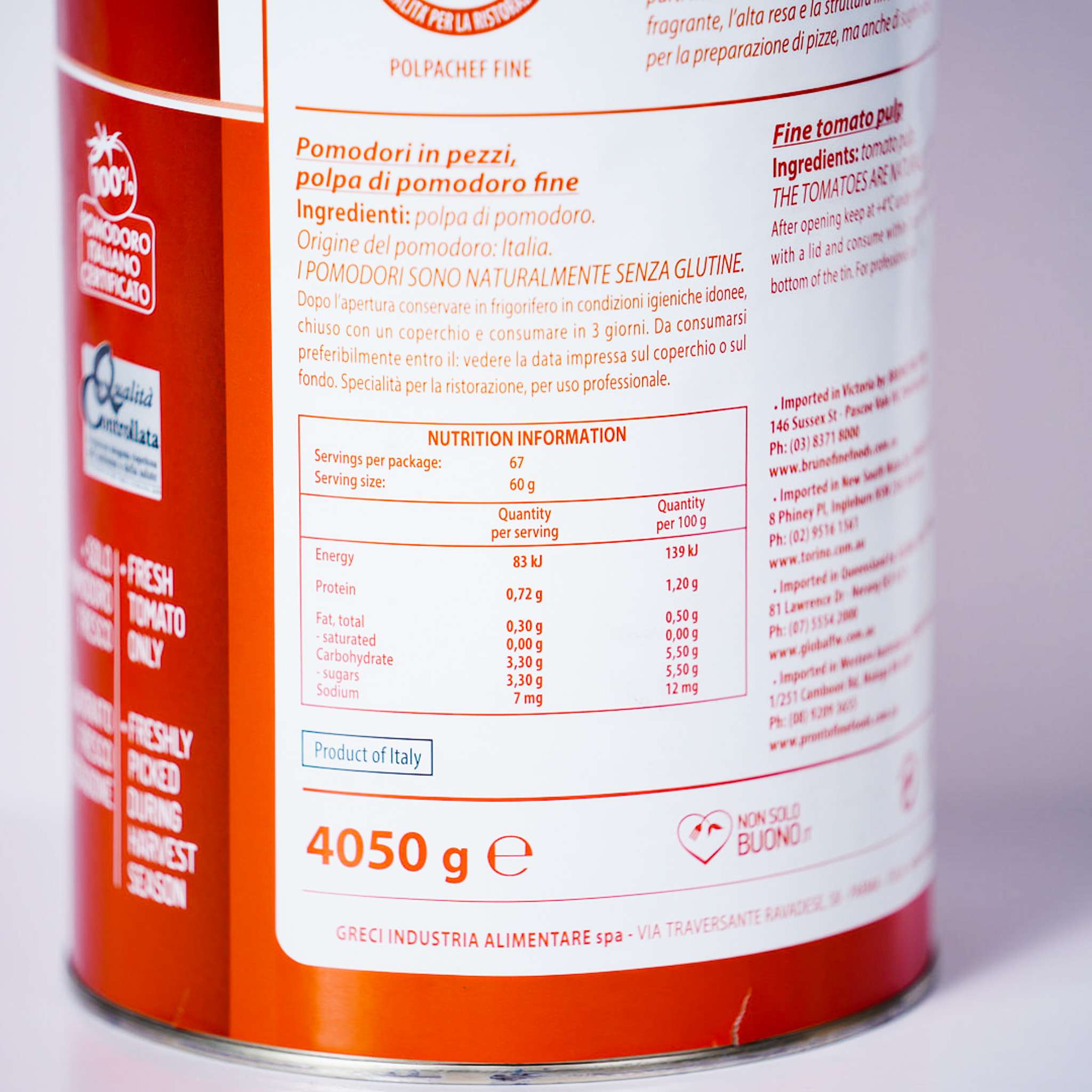 Tomato – Crushed/Pulp Fine – By Prontofresco 4.1kg Tin