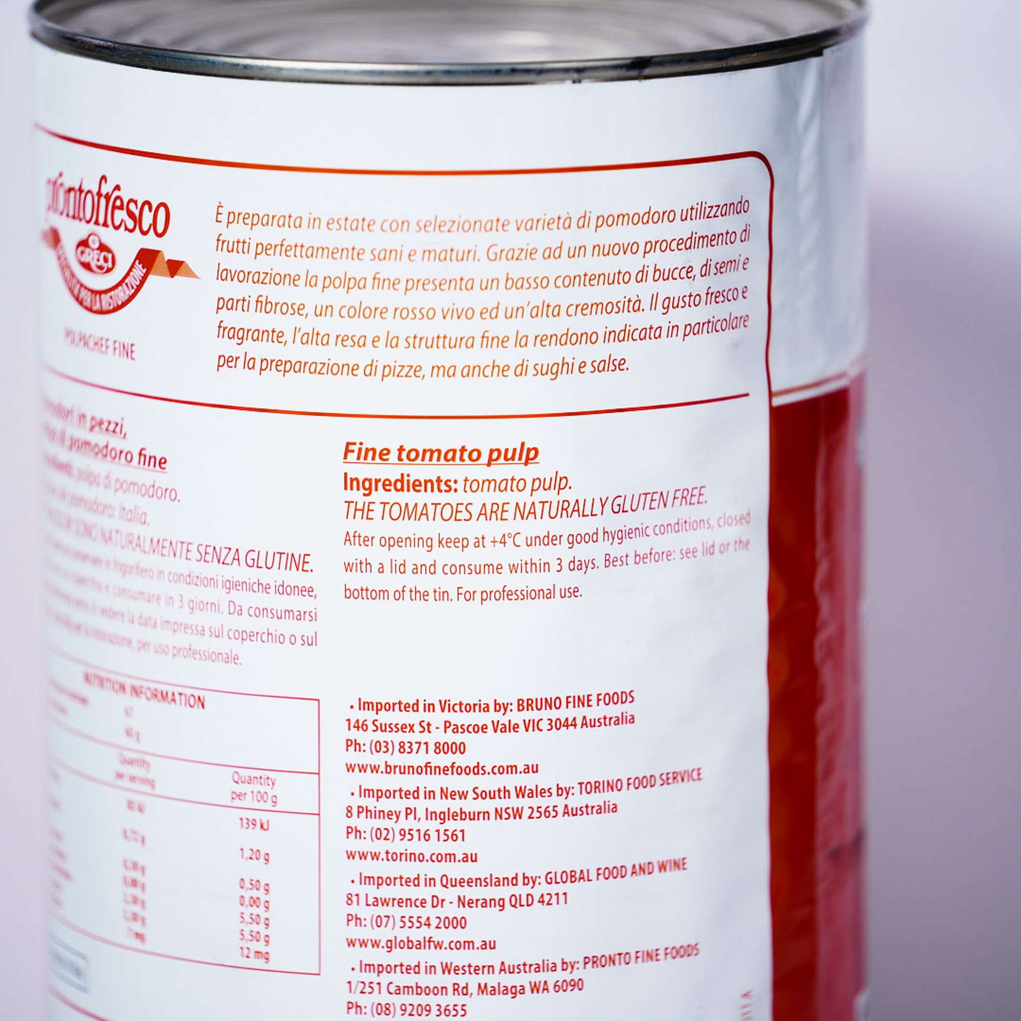 Tomato – Crushed/Pulp Fine – By Prontofresco 4.1kg Tin