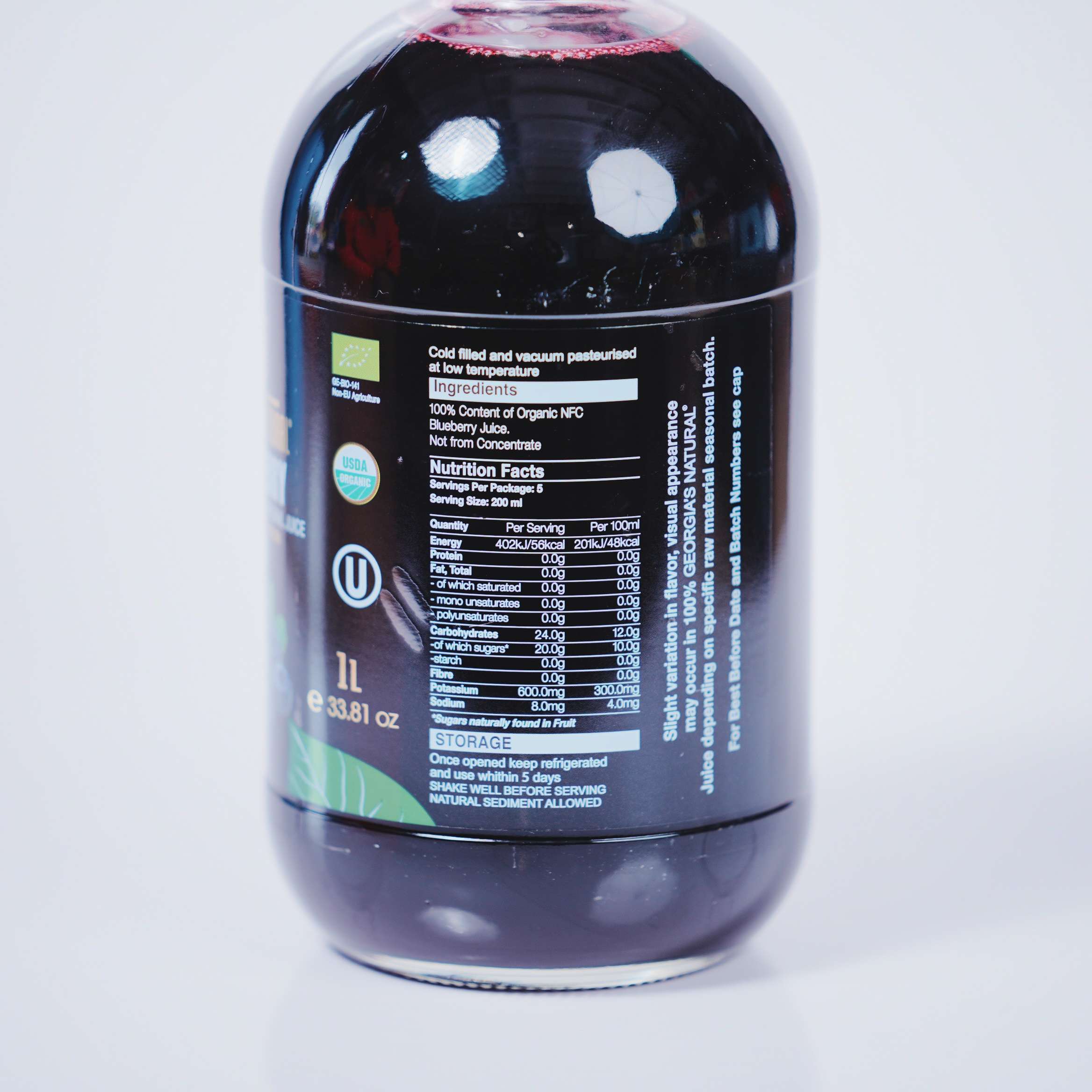 Juice – Blueberry ORGANIC 100% Cold Pressed By Georgia’s Natural｜ 1L Bottle